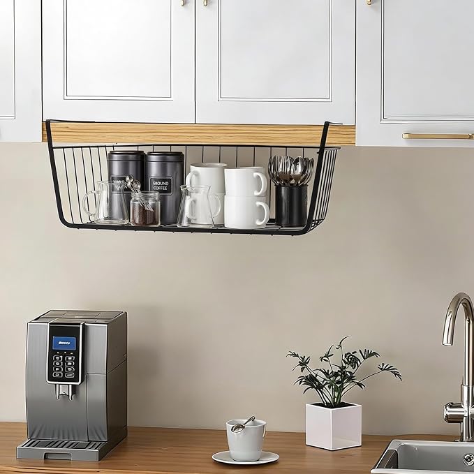 Under Shelf Basket 2 Pack Pantry Shelf Organizer White Metal Cabinet Shelf | - Image 2