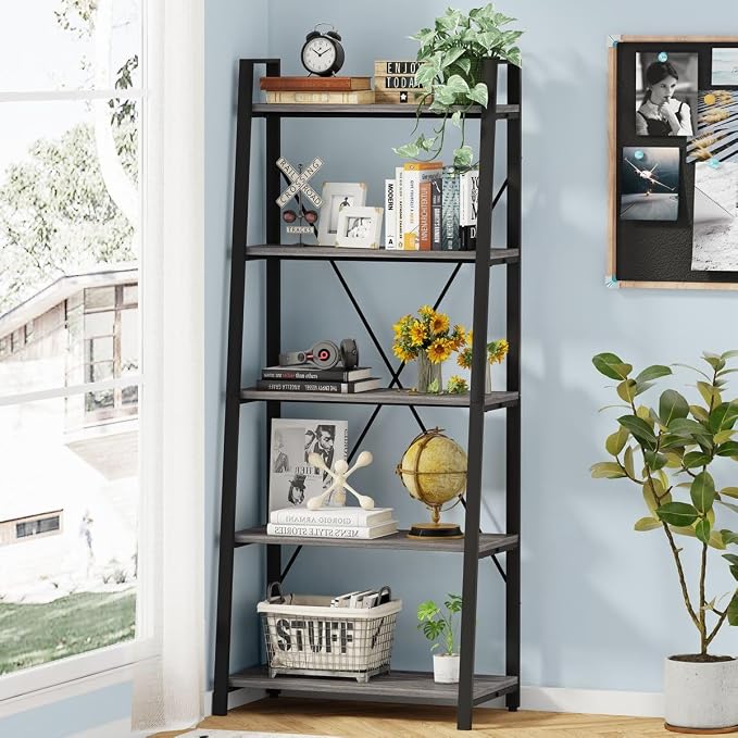 BON AUGURE 5-Tier Ladder Shelf, Industrial Leaning Bookcase, Wood and Metal - Image 2