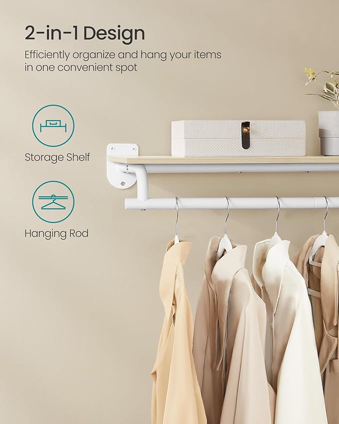 SONGMICS Clothes Rack with Top Shelf, Wall Mounted Clothing Rack, with Hanging - Image 3