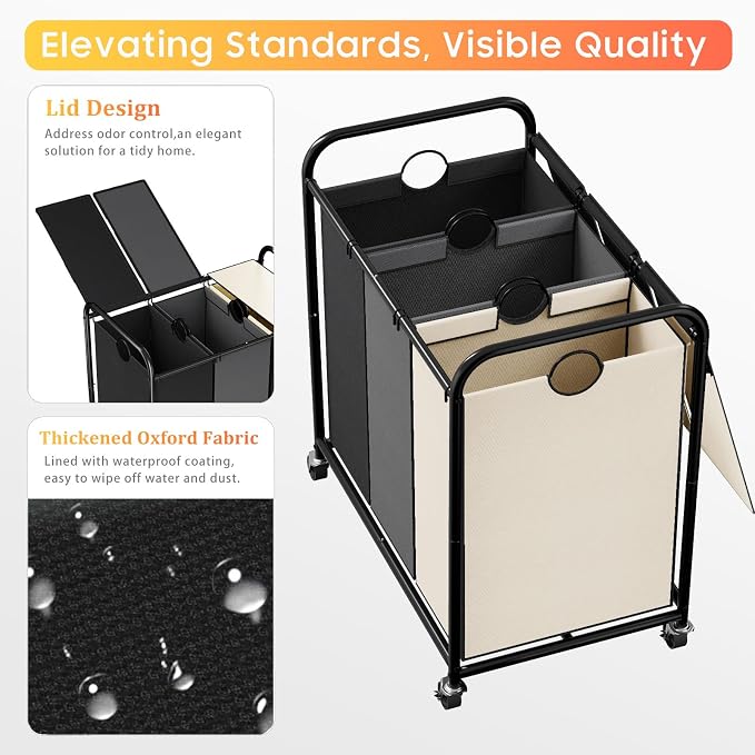 180L Laundry Sorter 3 Section, Rolling Laundry Basket - Image 4