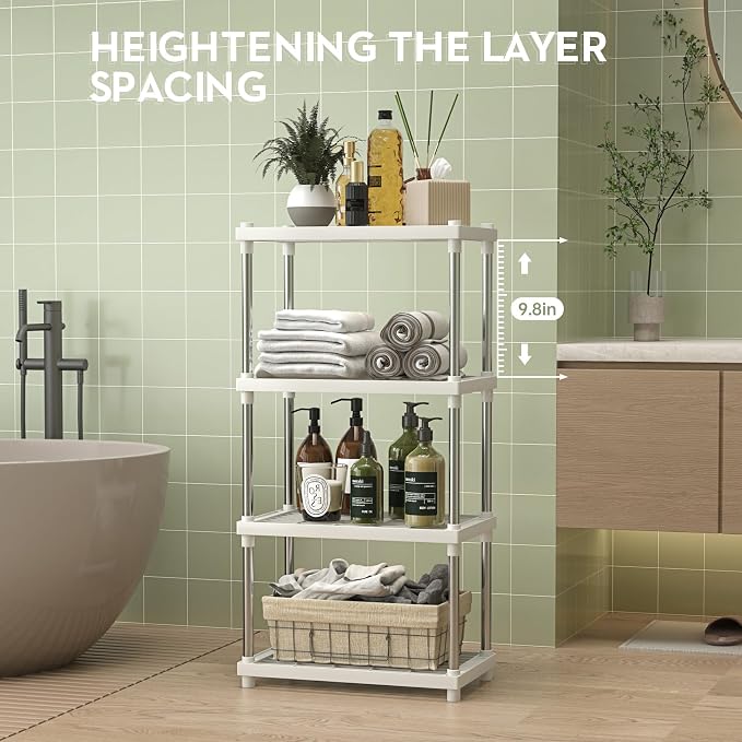 4 Tier White Plastic and Metal Freestanding Shelf Bathroom Organizer, Shelving - Image 3
