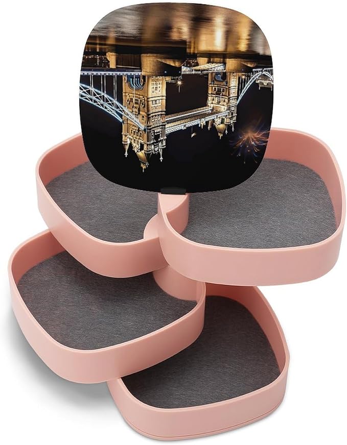 Night London Tower Bridge Rotating Jewelry Organizer Box 4-Layer 360° Rotatable - Image 8