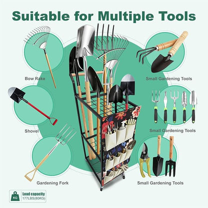 Garden Tool Organizer with Wheels 3 Tier Yard Tool Organizer Rack with Side - Image 4
