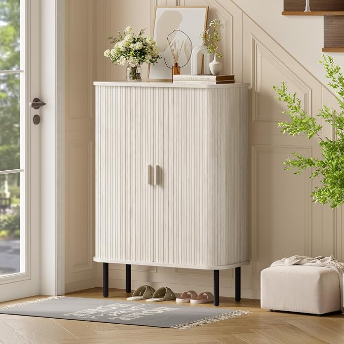 6-Tier Shoe Cabinet with Sliding Door, Wooden Shoe Storage Cabinet with - Image 4