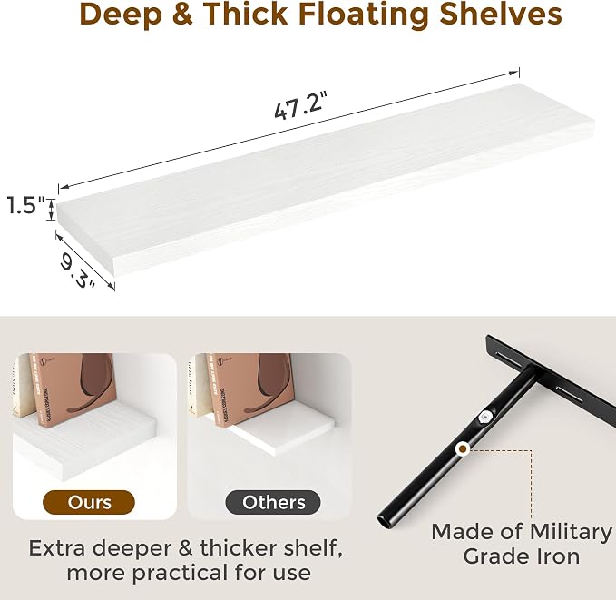 Fun Memories White Floating Shelves 48 Inch Long, Wood Wall Shelves 48x9.3x1.5 - Image 3