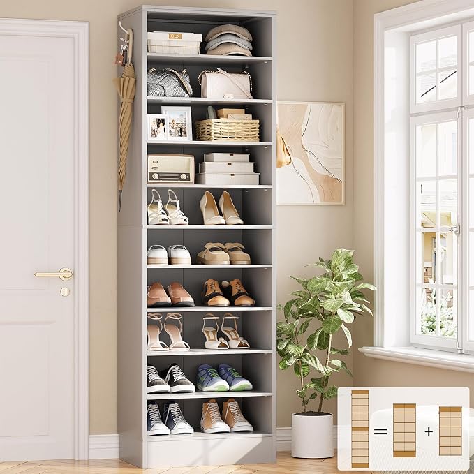 Aheaplus Narrow Shoe Cabinet, 10 Tiers Tall Wood Shoe Rack, Shoe Storage by Aheaplus