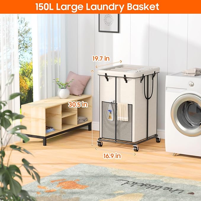 150L Laundry Hamper with Wheels, Rolling Laundry Basket with Metal Frame and - Image 2
