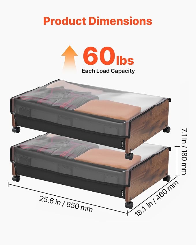 VEVOR Under Bed Storage with Wheels, 36.0 x 18.1 x 7.3 inch, Underbed - Image 3