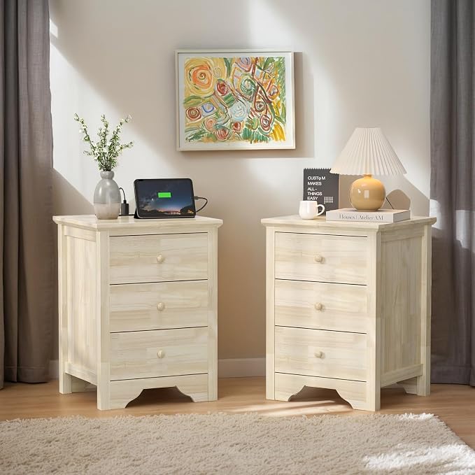VINGLI Unfinished Rubber Wood Nightstands Set of 2 by VINGLI