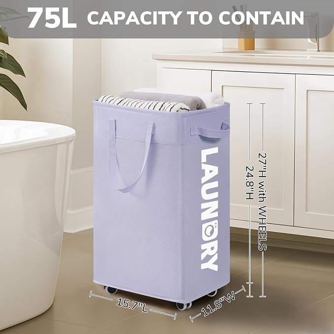 Goodpick Laundry Basket with Wheels 2-Pack, 75L Collapsible Laundry Baskets - Image 2