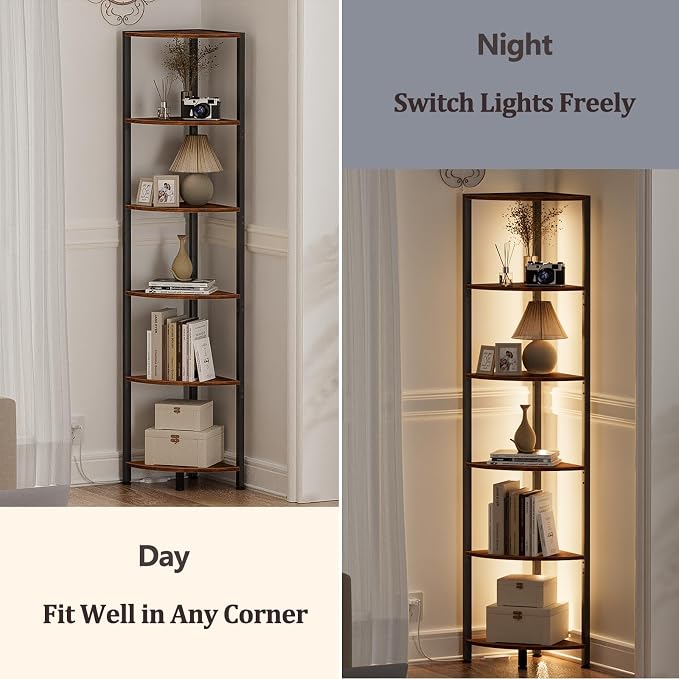 6 Tier Corner Shelf with LED Light, 67.5" Corner Narrow Bookshelf | Tall - Image 4