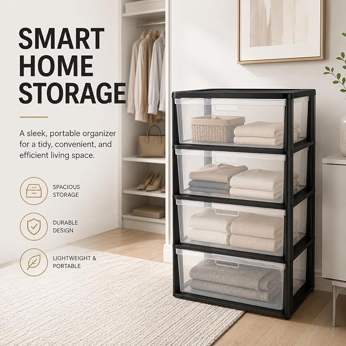 Wide 4 Drawer Plastic Storage Tower Organizer, | Tool-Free Assembly Floor - Image 3