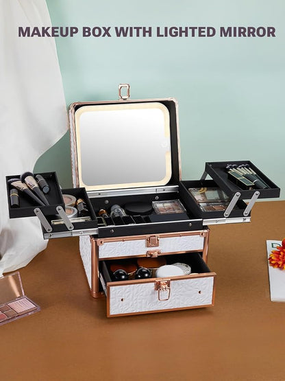 Qislee Makeup Box with Drawer and Four Trays, A Detachable Lighted Mirror - Image 7