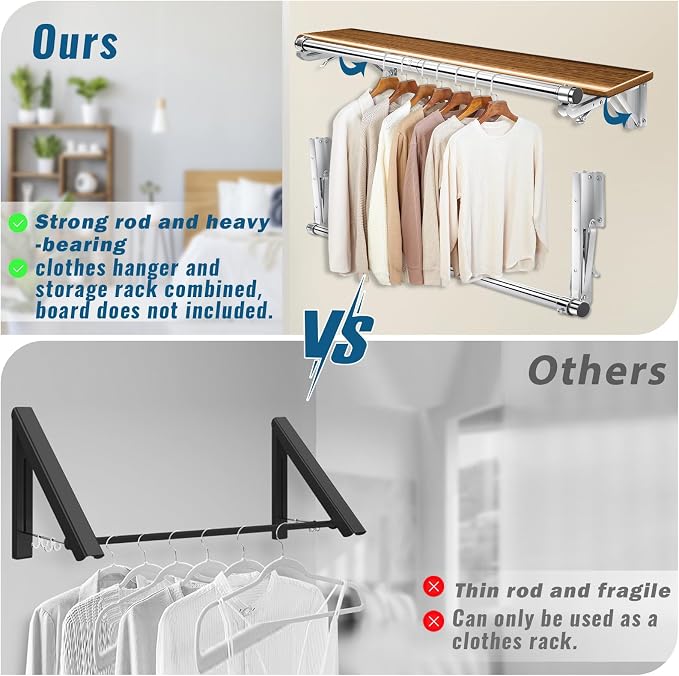 Foldable Wall Mounted Clothes Rack-30'' Long Rod&2 Thick Bases, Stainless Steel - Image 3