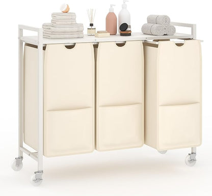 3-Section Laundry Hamper with Shelf, Pull-Out Removable 12.8 gal Bags, Metal by GarveeHome