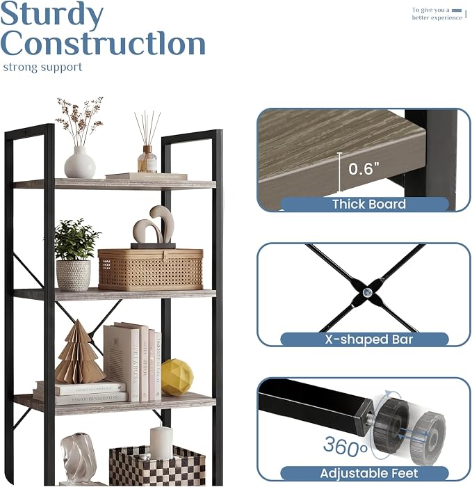 DUMOS 4 Tiers Open Bookshelf, Classic Freestanding Tall Display Shelf, Sturdy - Image 5
