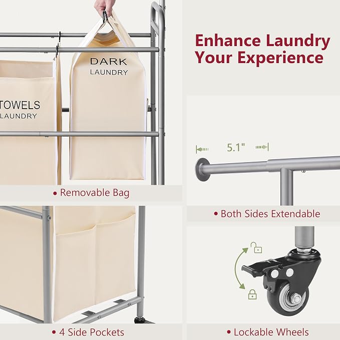 Tajsoon Laundry Hamper with Hanging Rack, Laundry Sorter 4 Sections, 4 Basket - Image 6