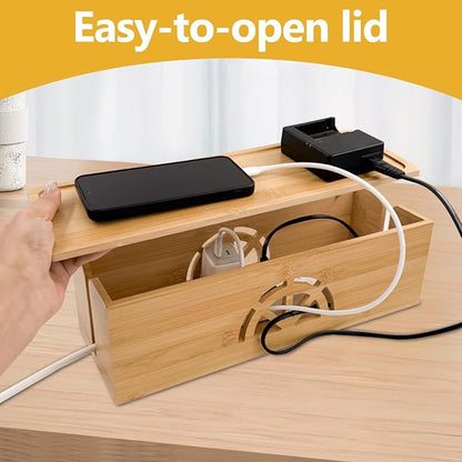 Bamboo Cable Management Box, Extra Large Cord Organizer Box, Power Strips Hider - Image 4