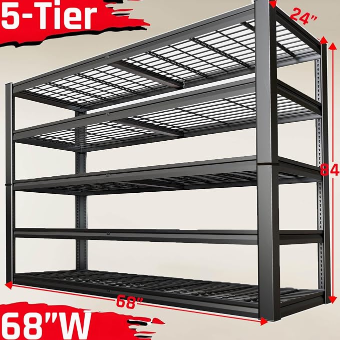 68" Wide Heavy Duty Garage Shelving Units, 5-Tier Deep Storage Shelves - Image 3
