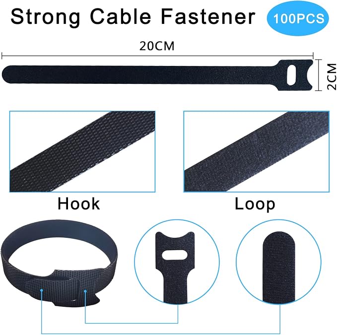 100pcs Reusable Cable Ties 7.8 In |Adjustable Cord Straps&Wire Wraps|Hook and - Image 2