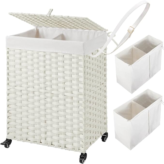 Greenstell Laundry Hamper with Wheels, No Install Needed, 90L Divided Handwoven by Greenstell