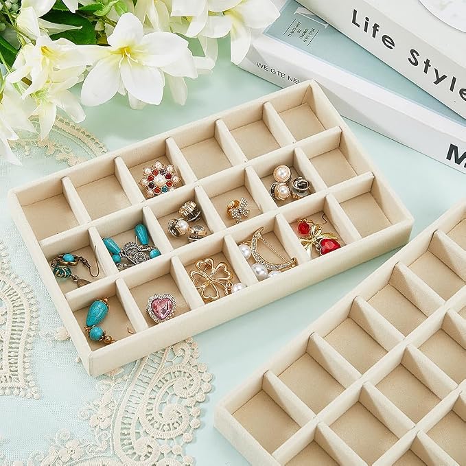 2Pcs 5 x 8.3 Inch Jewelry Box Tray Velvet Jewelry Drawer Insert Antique White - Image 3