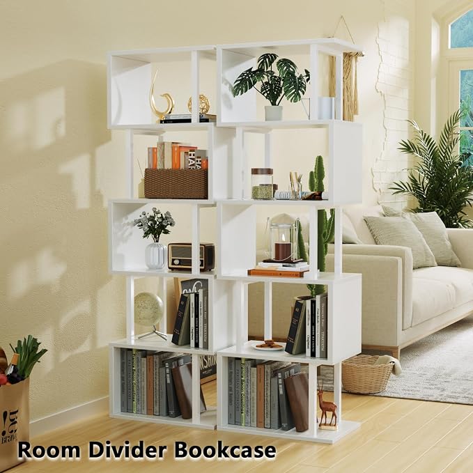 Furologee White Geometric Bookshelf 6 Tier S-Shaped Bookcase, Tall Modern - Image 6