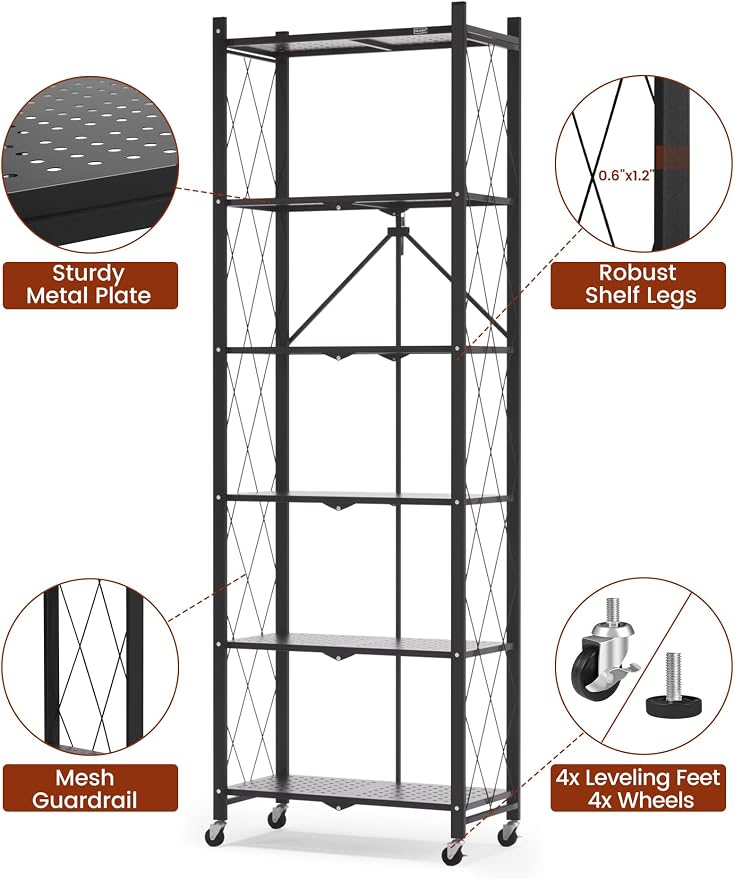 ALANNG 73.6 Inch Folding Bookshelf, 6 Tier Metal Bookcase and Bookshelves | - Image 6