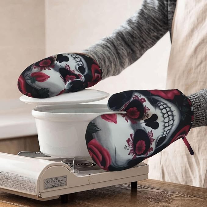 Rose Skull Eyes Print Oven Mitts Set of 2, Heat Resistant Silicone Oven Mittens - Image 8