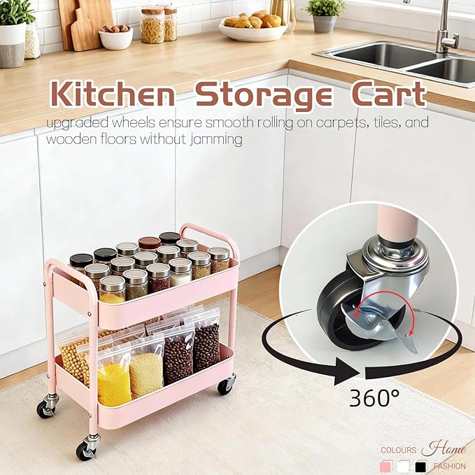 2 Tier Pink Rolling Cart with Wheels - Image 5
