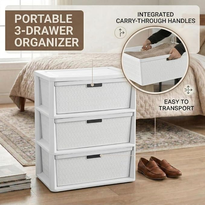 3 Drawer Wide Weave Storage Tower, Modern Style Decorative Freestanding Storage - Image 5