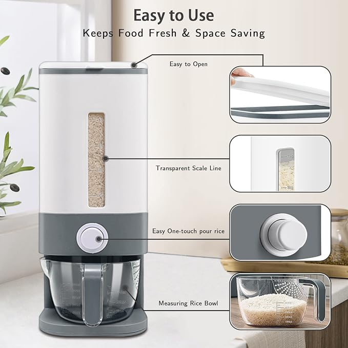 Lenwi 22-25 Lbs Rice Dispenser, Large Cereal Dry Food Storage Containers - Image 3