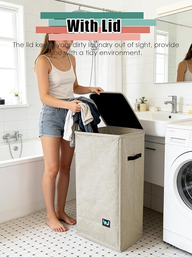 WTREE Laundry Hamper with Lid, Reinforced Sturdy Clothes Hamper with - Image 2