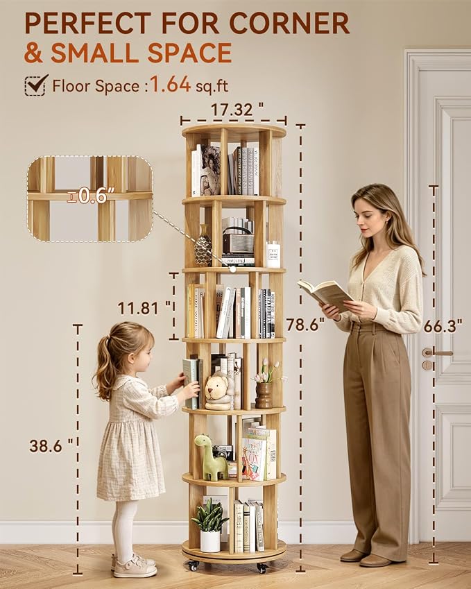 IUNVR Rotating Bookshelf, 6 Tier Solid Wood Bookshelf Tower - Image 2