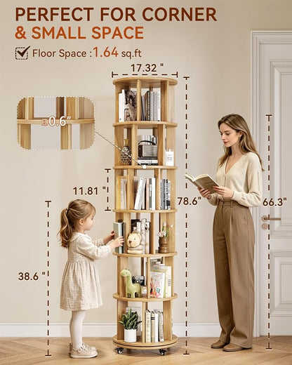 IUNVR Rotating Bookshelf, 6 Tier Solid Wood Bookshelf Tower - Image 2
