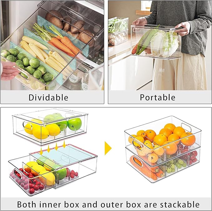 MineSign 2Pack Stackable Fridge Drawers Pull-Out Bins Divided Produce Saver - Image 4