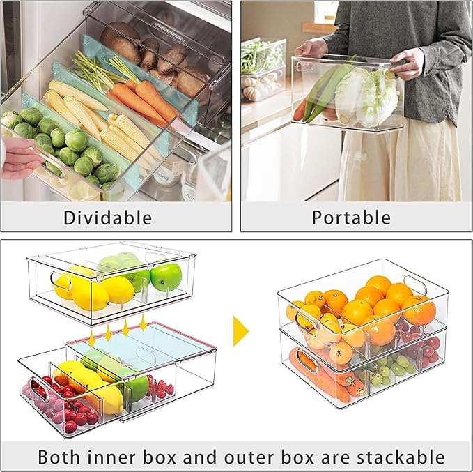 MineSign 4 pack Stackable Fridge Drawers Pull-Out Bins Divided Produce Saver - Image 4