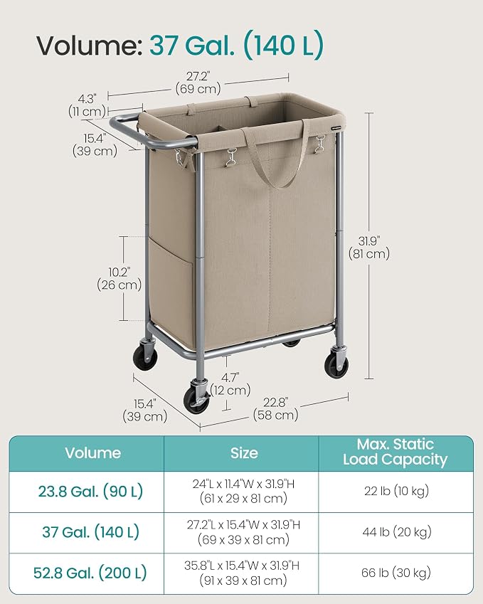 SONGMICS Laundry Basket with Wheels, 2-Section Rolling Laundry Hamper, 37 - Image 6
