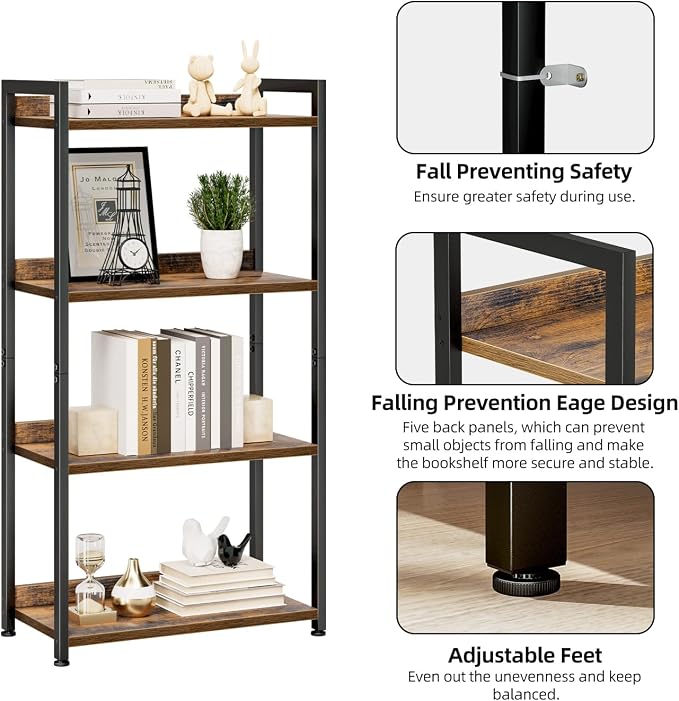 NUMENN Bookshelf, 4 Tier Freestanding Shelving Unit, Vintage | Metal Frame & - Image 5