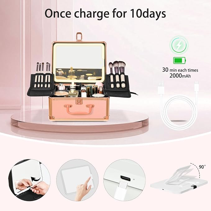 Rose Gold Makeup Case with Lighted Mirror, Detachable LED Mirror, Travel Makeup - Image 6