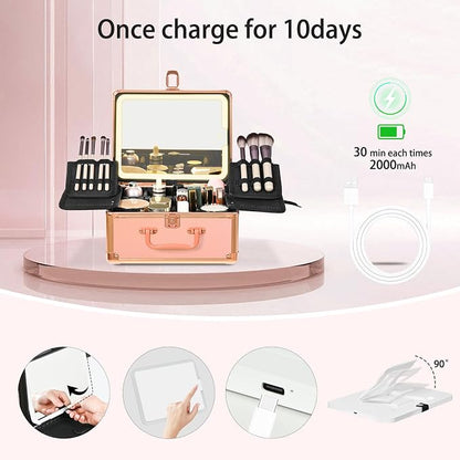 Rose Gold Makeup Case with Lighted Mirror, Detachable LED Mirror, Travel Makeup - Image 6