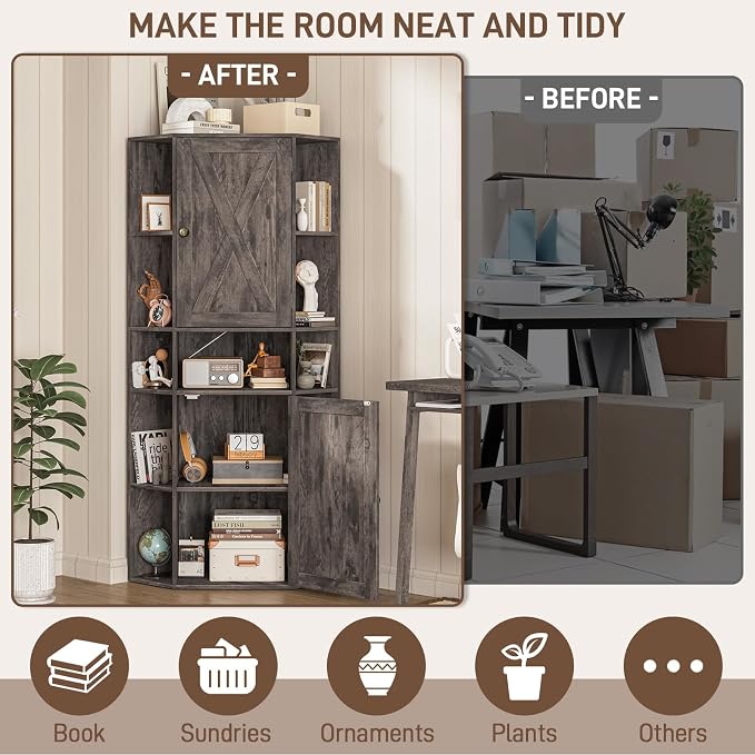 Farmhouse Corner Cabinet with Storage, Tall Corner Storage Cabinet with - Image 5