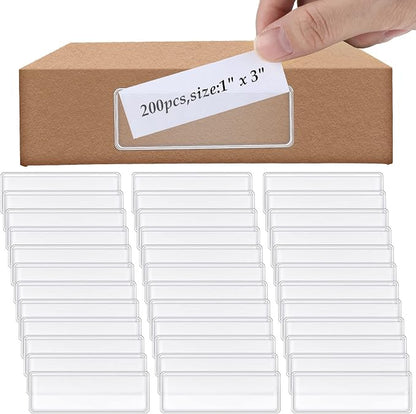 200 Pcs Label Holder Self Adhesive Clear Pocket 3x1 Inch Plastic Shelf Tag by Meanplan