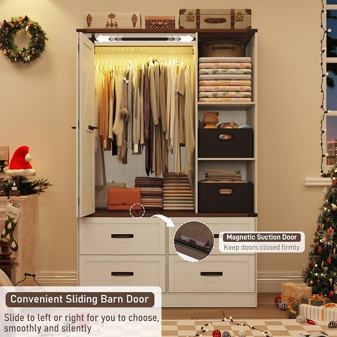 Farmhouse 3 Doors Armoire Wardrobe Closet w/Folding Sliding Barn Door and Lights - Image 3
