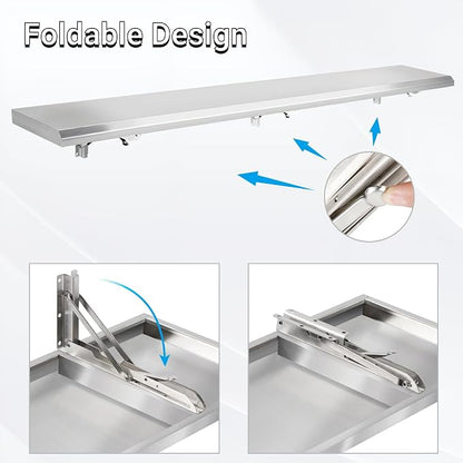 Stainless Steel Folding Concession Shelf 68" x 12" | Heavy Duty Drop Down - Image 7