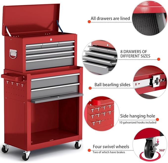 8-Drawer Tool Chest with Wheels, Detachable Top Tool Box, Tool Cabinet with - Image 3