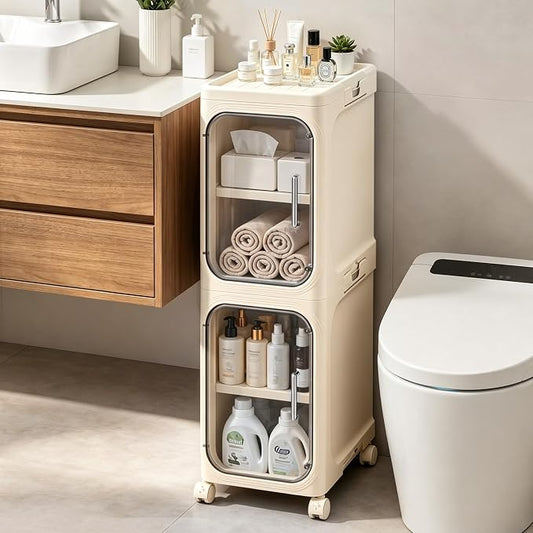2-Tier Slim Narrow Bathroom Storage Cabinet, Cream White | Tool Free Assembly by Lifelongpal