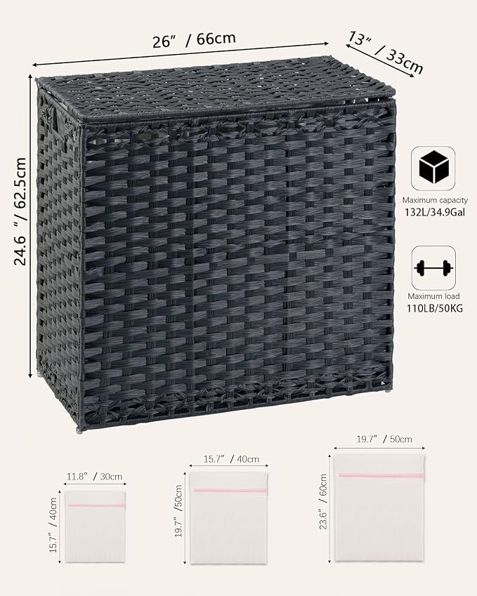 Laundry Hamper with Lid Laundry Basket 132 L Wicker Clothes Hamper, Handwoven - Image 5