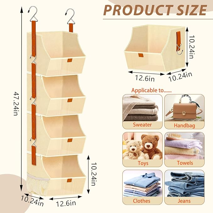 Fabric 4 Tier Hanging Closet Organizers Heavy Duty Shelf Hanging Storage Towel - Image 2
