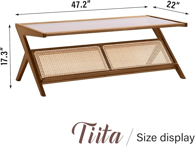 Tiita Rattan Coffee Table, Bamboo Accent Bedside Tables, Glass Nightstand Side - Image 3